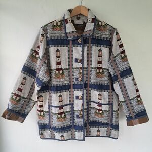 Vintage 90s XL Blair Lighthouse Tapestry Jacket Women Coastal Nautical Grandma